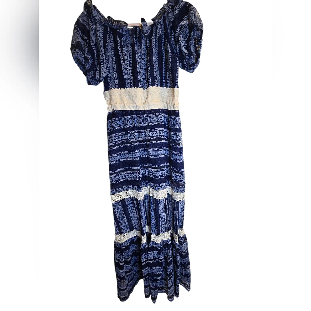 Malta Blue Lace Maxi Dress | Puff Sleeve Boho Cottagecore | Size M - Picture 7 of 7